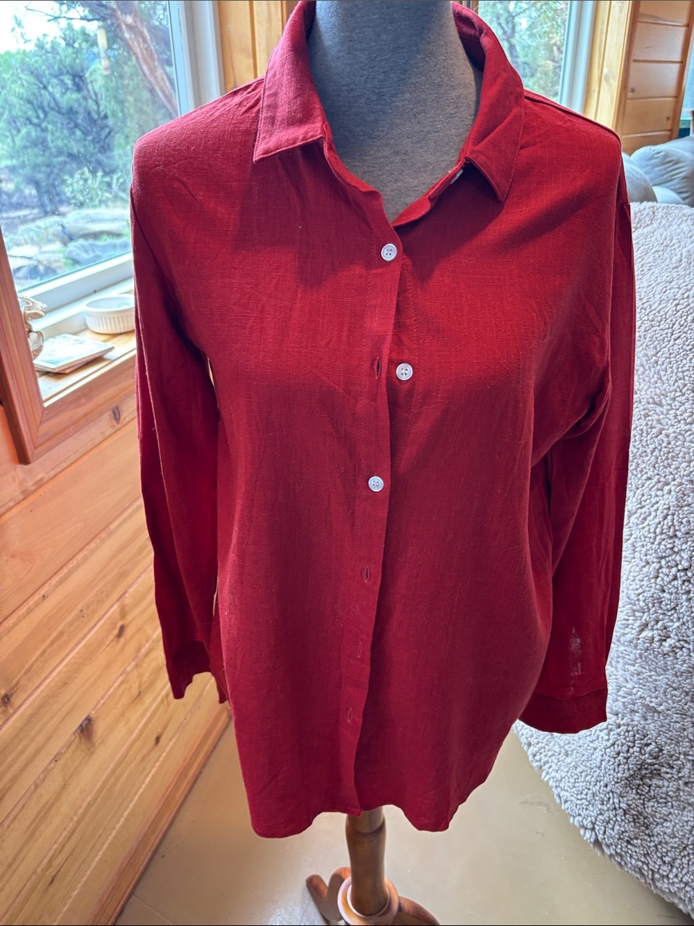 Women's Long-Sleeve Button-Down Shirt - Deep Red